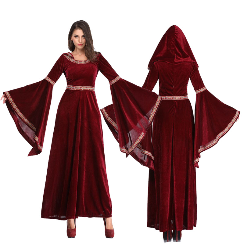 Vintage Witch Long Sleeve Hooded Vampire Cosplay Costume Halloween For Women
